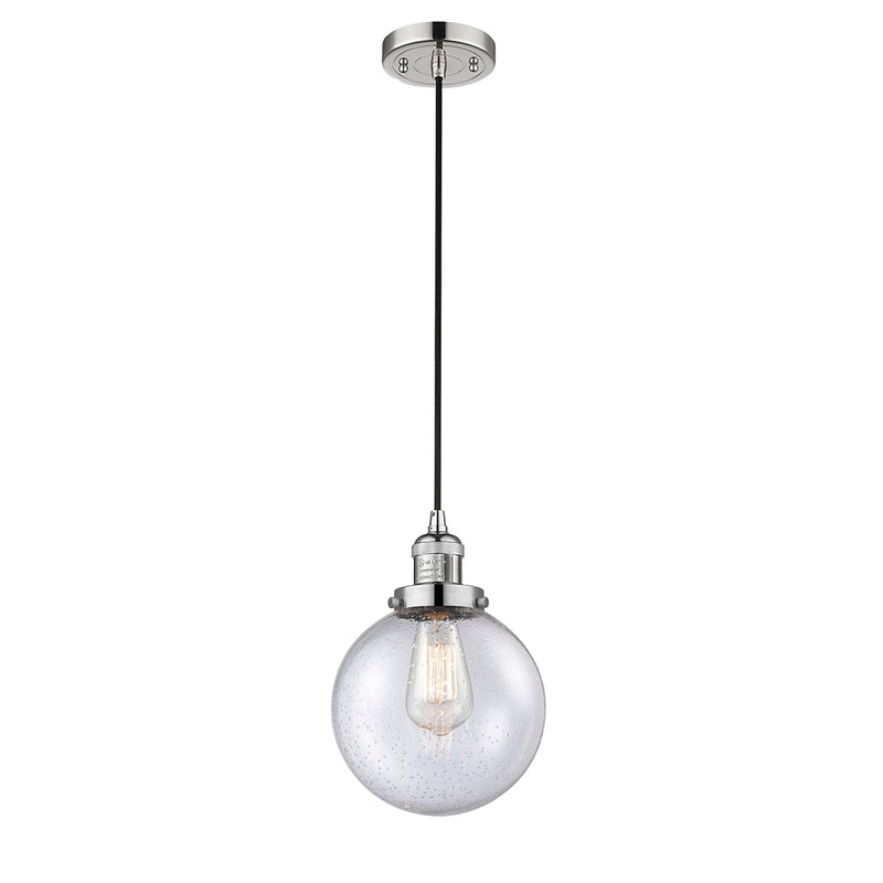 Beacon Mini Pendant shown in the Polished Nickel finish with a Seedy shade