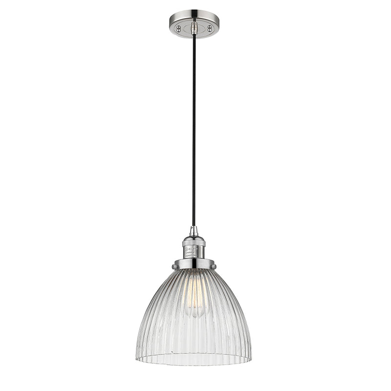 Seneca Falls Mini Pendant shown in the Polished Nickel finish with a Clear Halophane shade