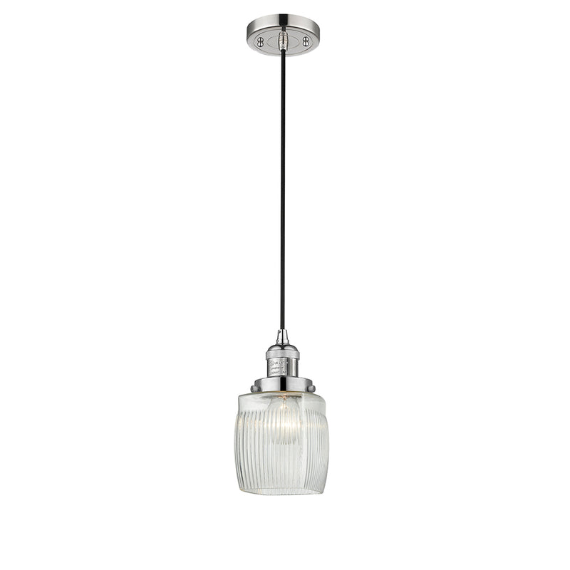 Colton Mini Pendant shown in the Polished Nickel finish with a Clear Halophane shade