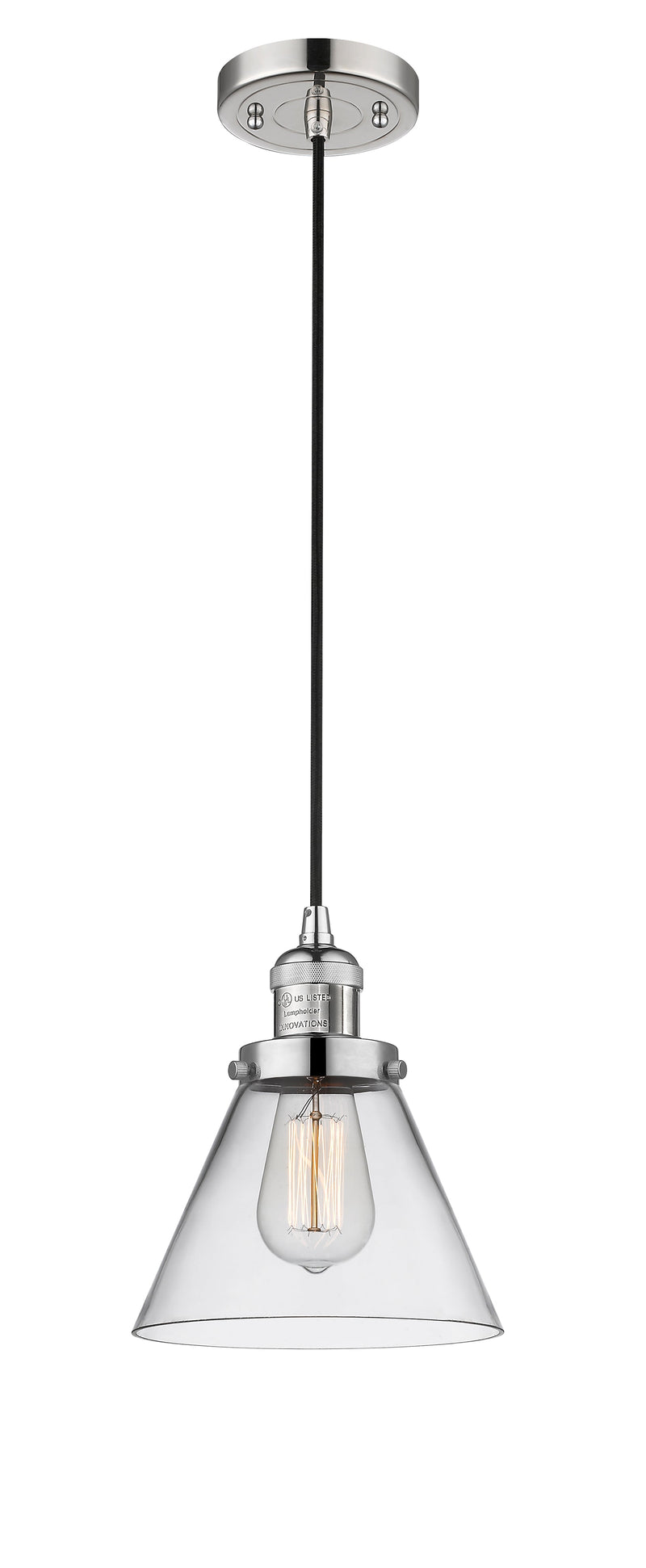 Innovations Lighting Large Cone 1-100 watt 8" Polished Nickel Mini Pendant with Clear glass 201CPNG42