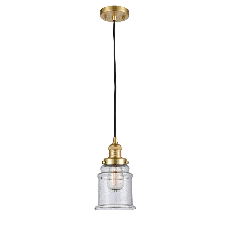 Canton Mini Pendant shown in the Satin Gold finish with a Seedy shade