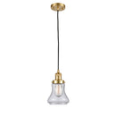 Bellmont Mini Pendant shown in the Satin Gold finish with a Seedy shade