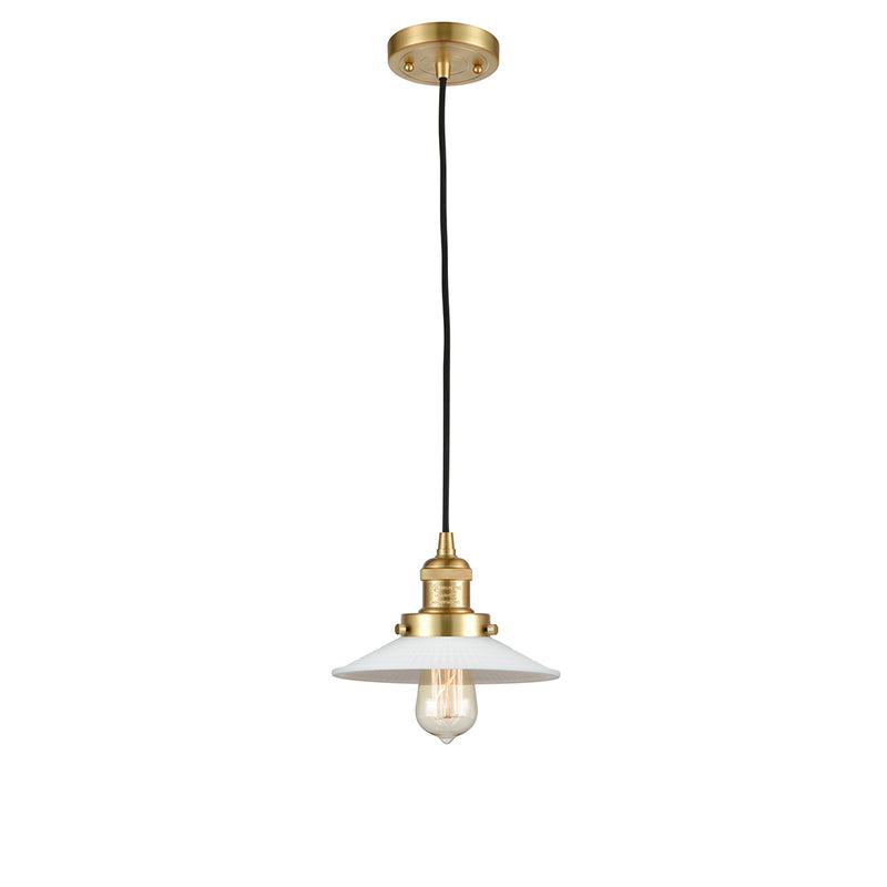 Halophane Mini Pendant shown in the Satin Gold finish with a Matte White Halophane shade