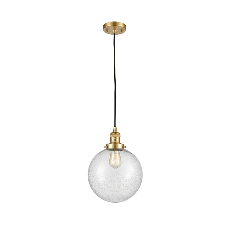 Beacon Mini Pendant shown in the Satin Gold finish with a Seedy shade