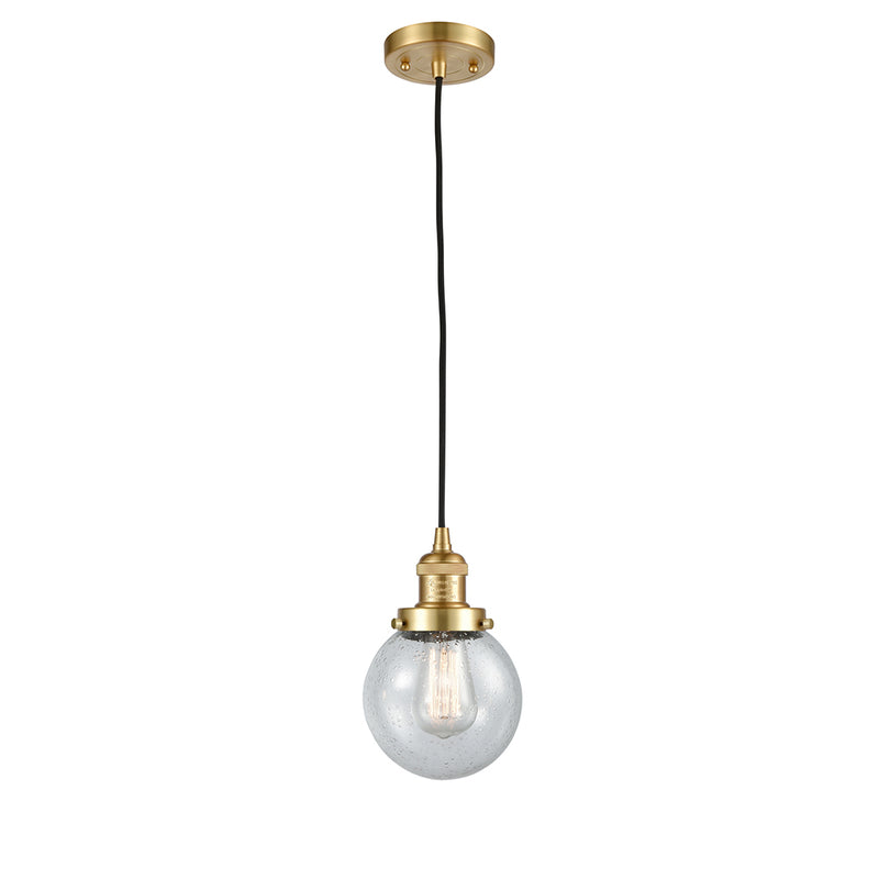 Beacon Mini Pendant shown in the Satin Gold finish with a Seedy shade