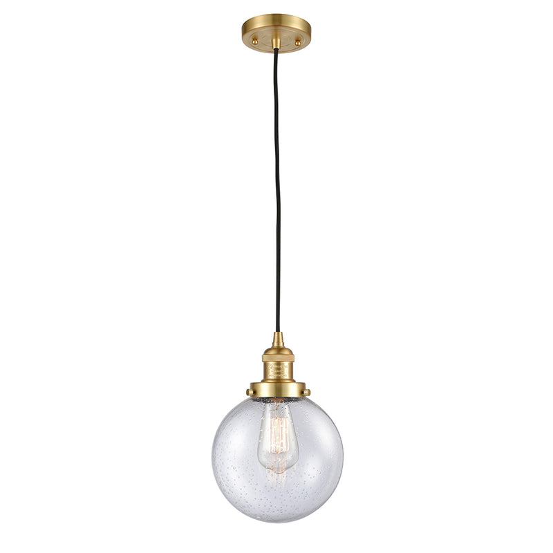 Beacon Mini Pendant shown in the Satin Gold finish with a Seedy shade