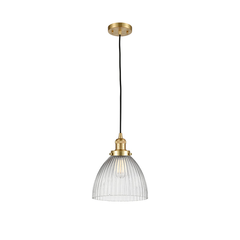 Seneca Falls Mini Pendant shown in the Satin Gold finish with a Clear Halophane shade