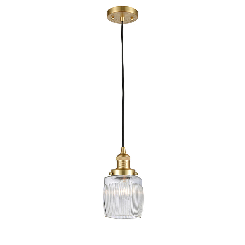 Colton Mini Pendant shown in the Satin Gold finish with a Clear Halophane shade