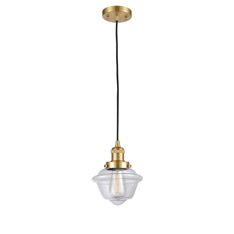 Oxford Mini Pendant shown in the Satin Gold finish with a Clear shade