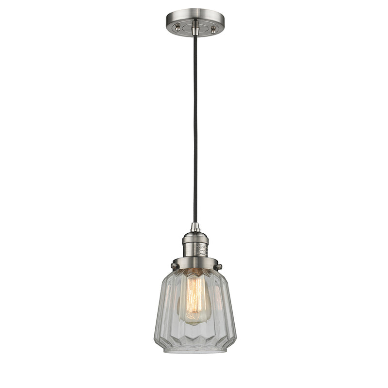 Chatham Mini Pendant shown in the Brushed Satin Nickel finish with a Clear shade