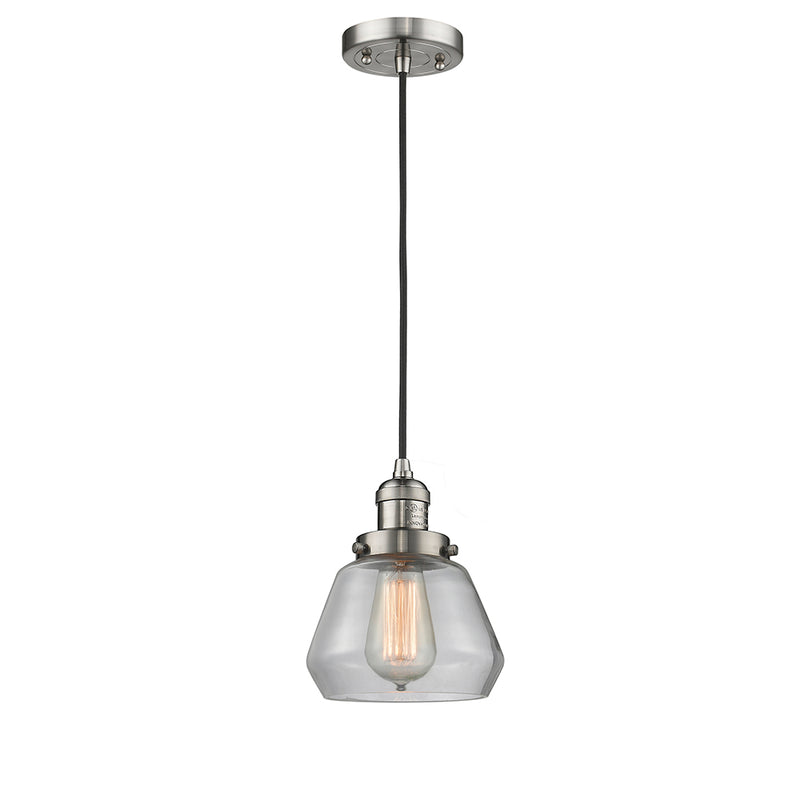 Fulton Mini Pendant shown in the Brushed Satin Nickel finish with a Clear shade