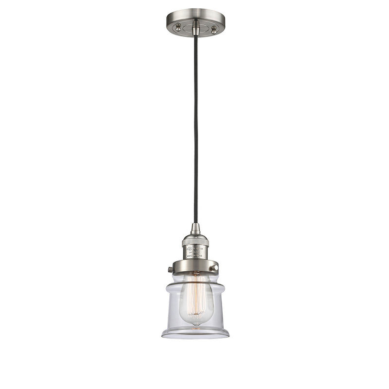 Canton Mini Pendant shown in the Brushed Satin Nickel finish with a Clear shade