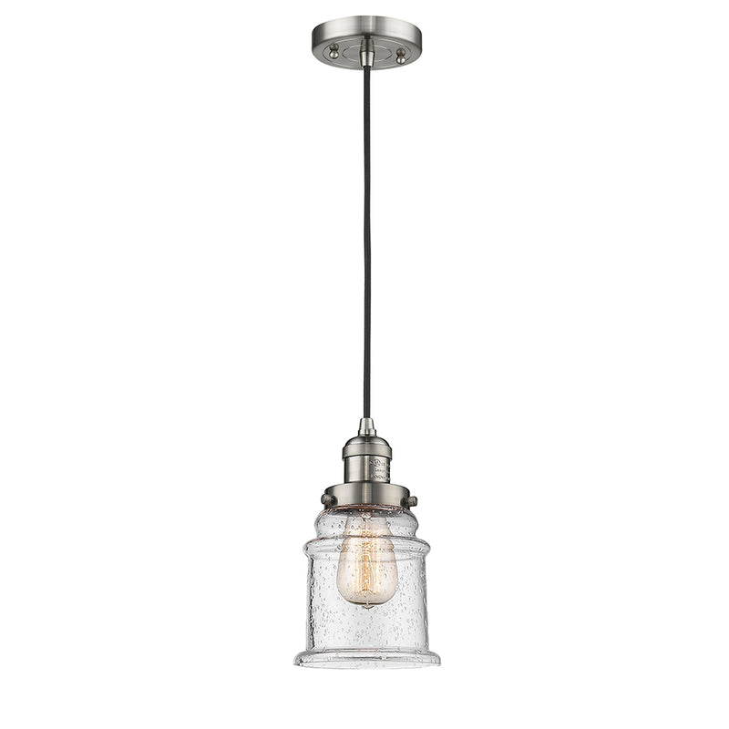 Canton Mini Pendant shown in the Brushed Satin Nickel finish with a Seedy shade