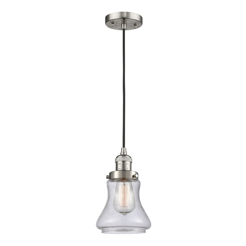 Bellmont Mini Pendant shown in the Brushed Satin Nickel finish with a Seedy shade