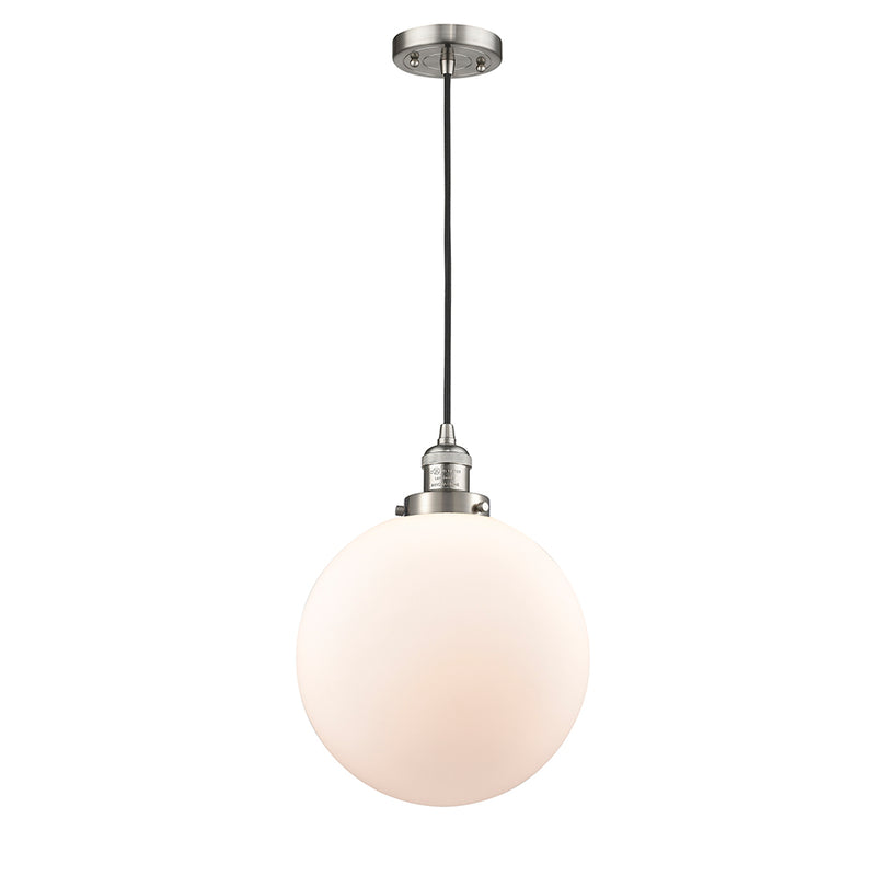 Beacon Mini Pendant shown in the Brushed Satin Nickel finish with a Matte White shade