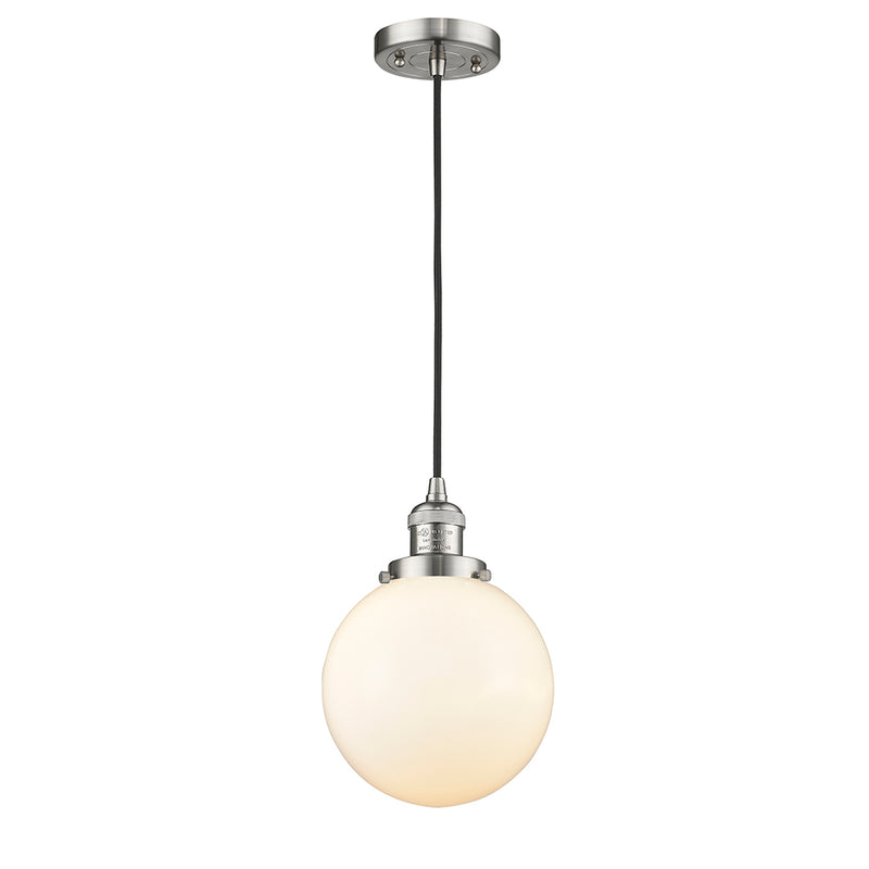 Beacon Mini Pendant shown in the Brushed Satin Nickel finish with a Matte White shade