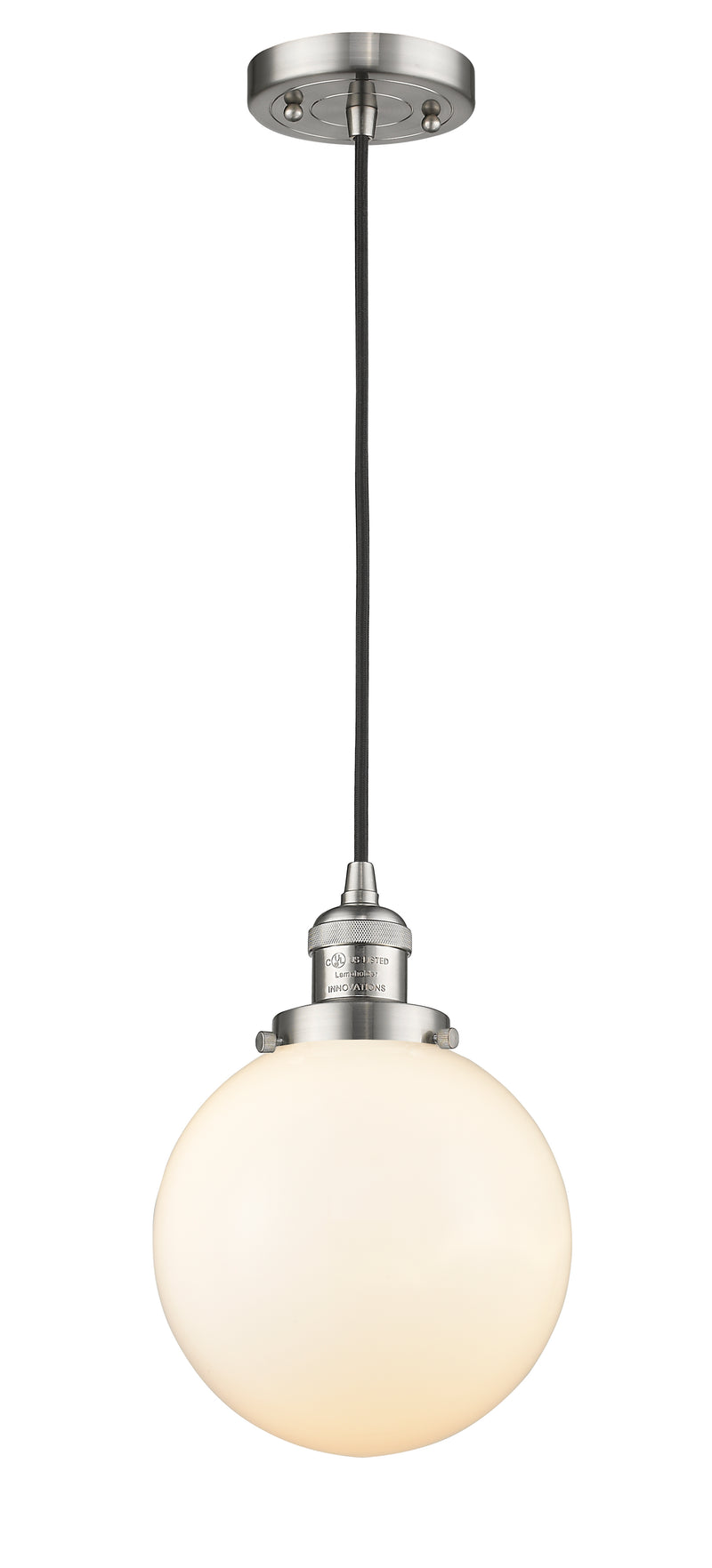 Innovations Lighting Beacon 1-100 watt 8 inch Brushed Satin Nickel Mini Pendant with Matte White Cased glass 201CSNG2018