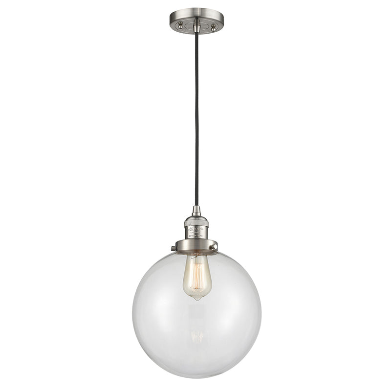 Beacon Mini Pendant shown in the Brushed Satin Nickel finish with a Clear shade