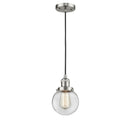 Beacon Mini Pendant shown in the Brushed Satin Nickel finish with a Clear shade