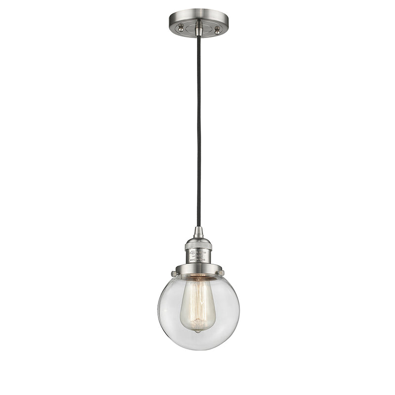 Beacon Mini Pendant shown in the Brushed Satin Nickel finish with a Clear shade