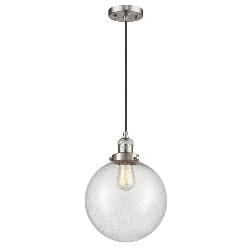 Beacon Mini Pendant shown in the Brushed Satin Nickel finish with a Seedy shade