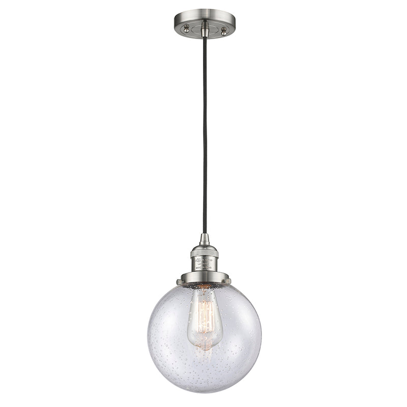 Beacon Mini Pendant shown in the Brushed Satin Nickel finish with a Seedy shade