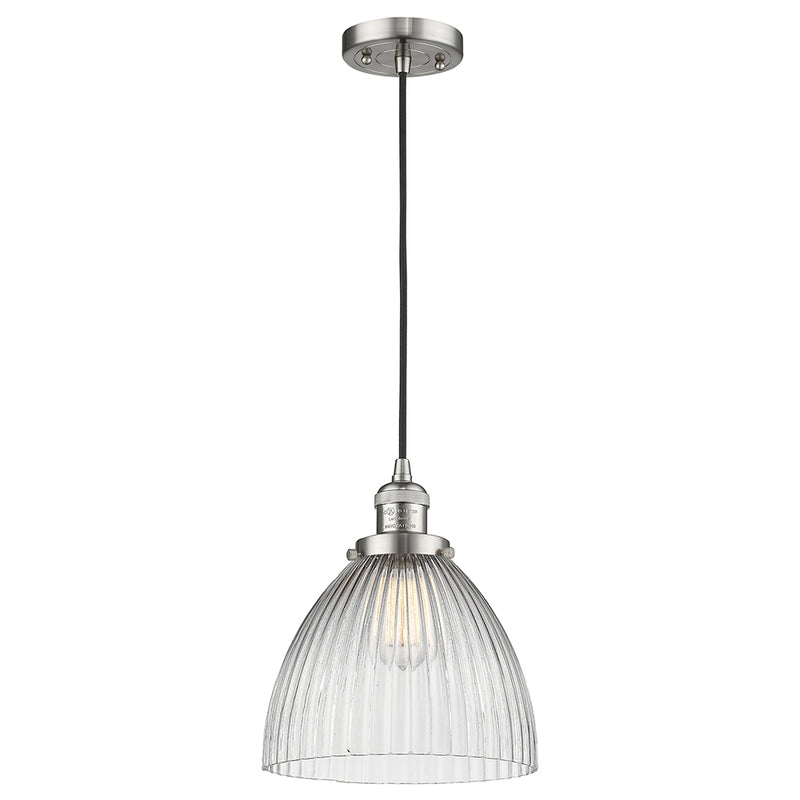 Seneca Falls Mini Pendant shown in the Brushed Satin Nickel finish with a Clear Halophane shade