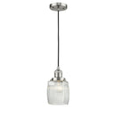 Colton Mini Pendant shown in the Brushed Satin Nickel finish with a Clear Halophane shade