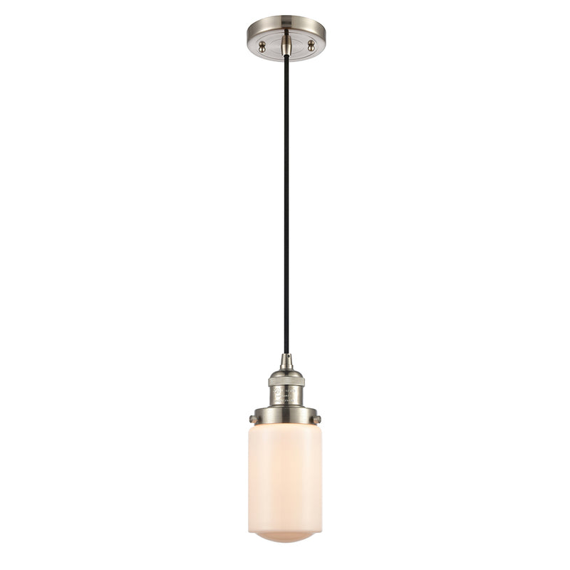 Dover Mini Pendant shown in the Brushed Satin Nickel finish with a Matte White shade