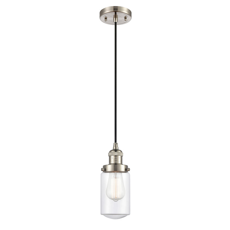 Dover Mini Pendant shown in the Brushed Satin Nickel finish with a Clear shade