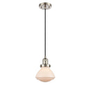 Olean Mini Pendant shown in the Brushed Satin Nickel finish with a Matte White shade