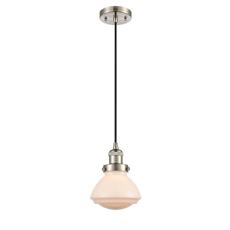 Olean Mini Pendant shown in the Brushed Satin Nickel finish with a Matte White shade