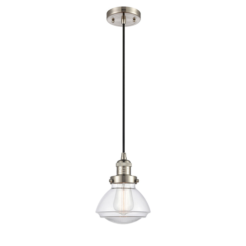 Olean Mini Pendant shown in the Brushed Satin Nickel finish with a Clear shade