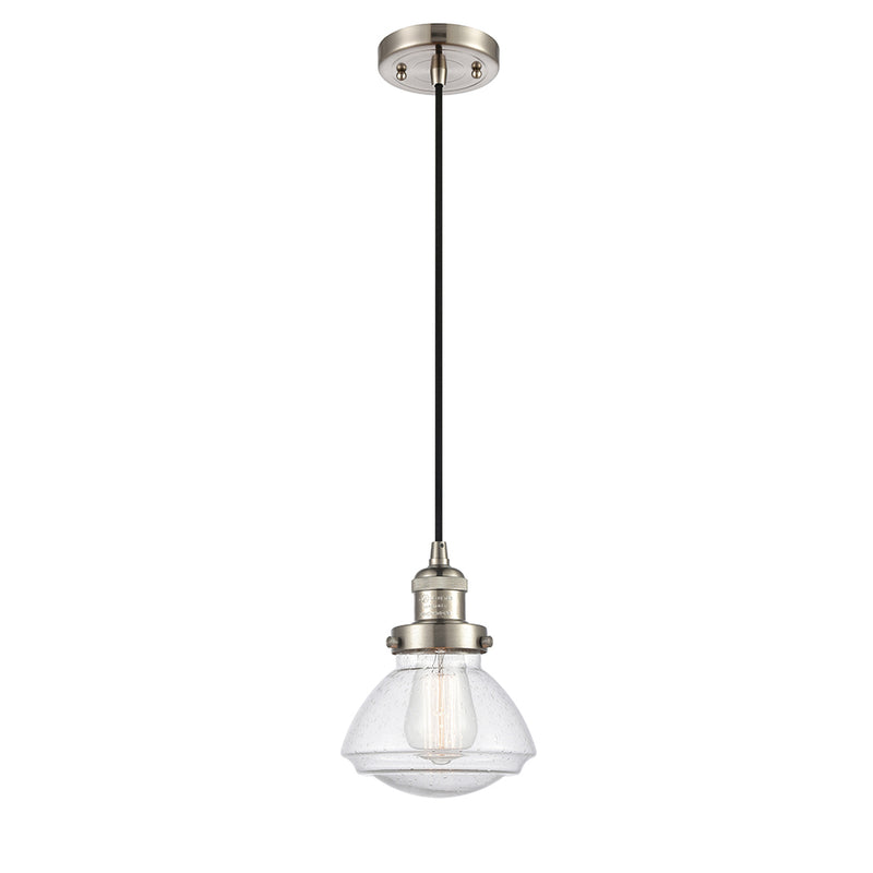 Olean Mini Pendant shown in the Brushed Satin Nickel finish with a Seedy shade