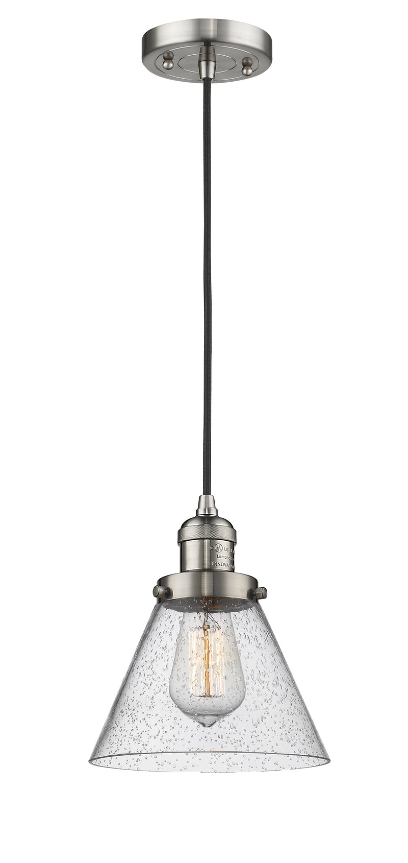 Innovations Lighting Large Cone 1-100 watt 8" Brushed Satin Nickel Mini Pendant with Seedy glass 201CSNG44