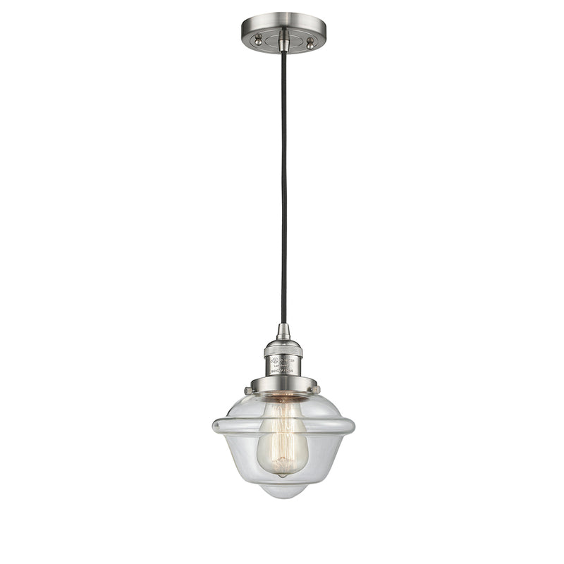 Oxford Mini Pendant shown in the Brushed Satin Nickel finish with a Clear shade