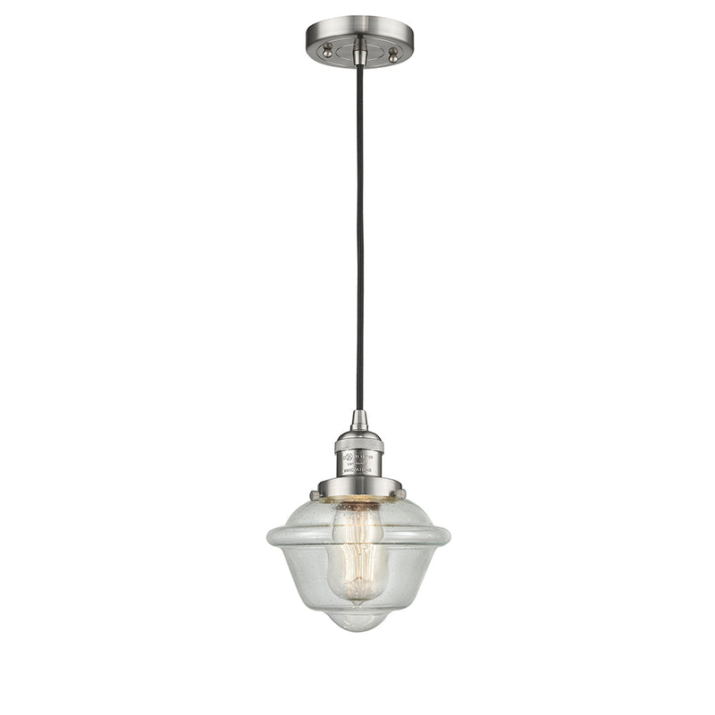 Oxford Mini Pendant shown in the Brushed Satin Nickel finish with a Seedy shade