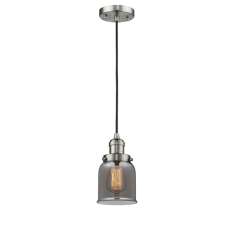 Bell Mini Pendant shown in the Brushed Satin Nickel finish with a Plated Smoke shade