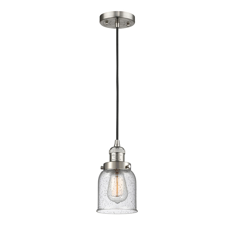 Bell Mini Pendant shown in the Brushed Satin Nickel finish with a Seedy shade