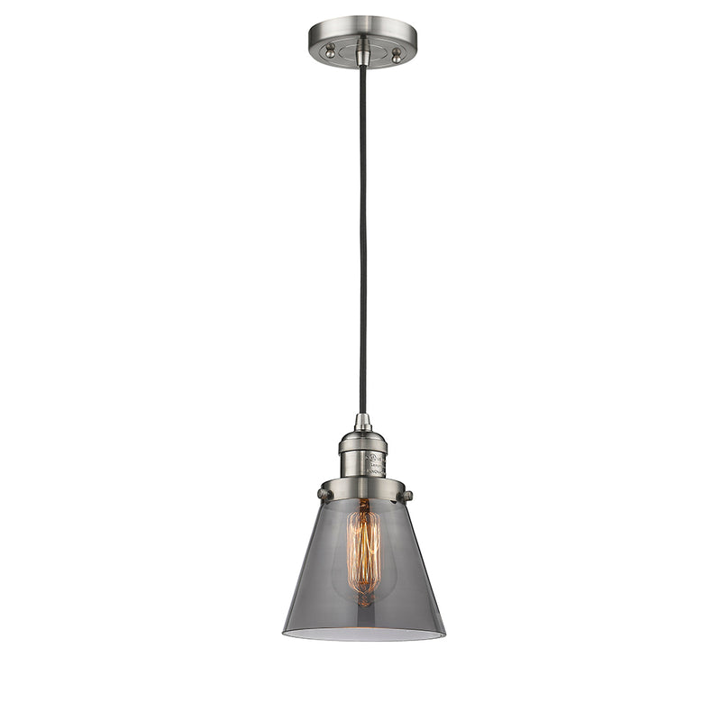 Cone Mini Pendant shown in the Brushed Satin Nickel finish with a Plated Smoke shade