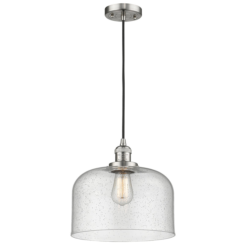 Bell Mini Pendant shown in the Brushed Satin Nickel finish with a Seedy shade