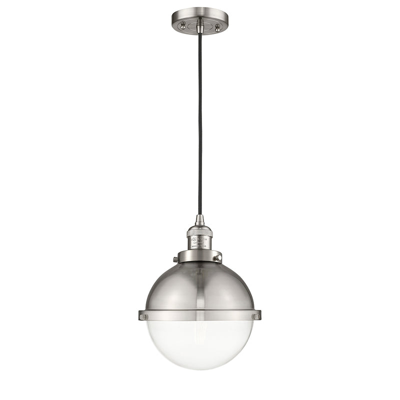 Hampden Mini Pendant shown in the Brushed Satin Nickel finish with a Clear shade