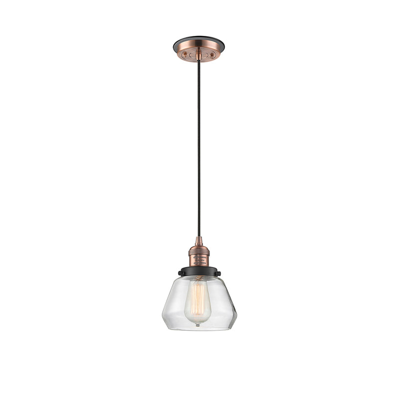 Fulton Mini Pendant shown in the Antique Copper finish with a Clear shade