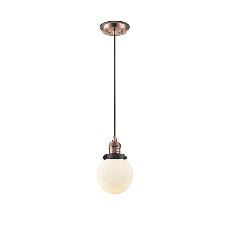 Beacon Mini Pendant shown in the Antique Copper finish with a Matte White shade