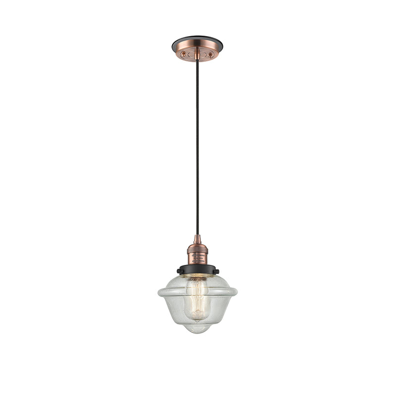 Oxford Mini Pendant shown in the Antique Copper finish with a Seedy shade