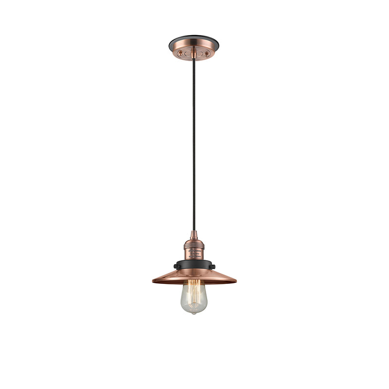 Railroad Mini Pendant shown in the Antique Copper finish with a Antique Copper shade