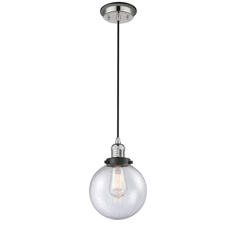 Beacon Mini Pendant shown in the Polished Nickel finish with a Seedy shade