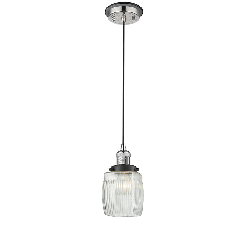 Colton Mini Pendant shown in the Polished Nickel finish with a Clear Halophane shade