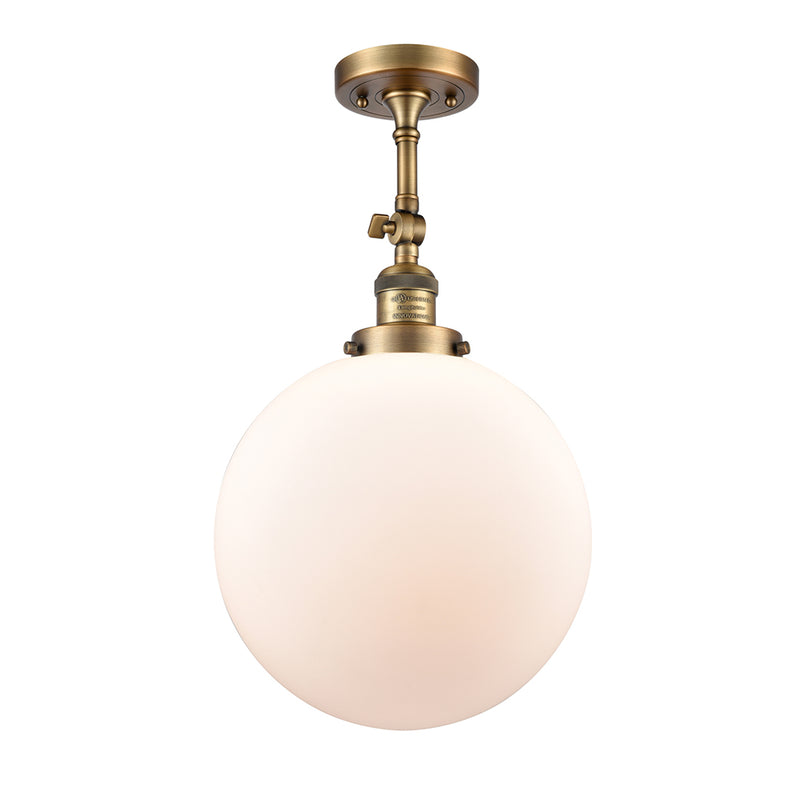 Beacon Semi-Flush Mount shown in the Brushed Brass finish with a Matte White shade