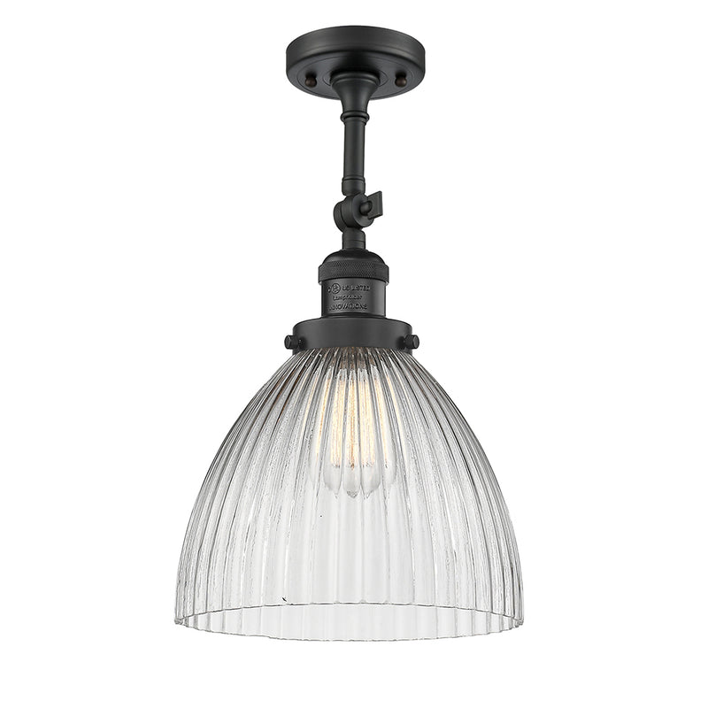 Seneca Falls Semi-Flush Mount shown in the Matte Black finish with a Clear Halophane shade